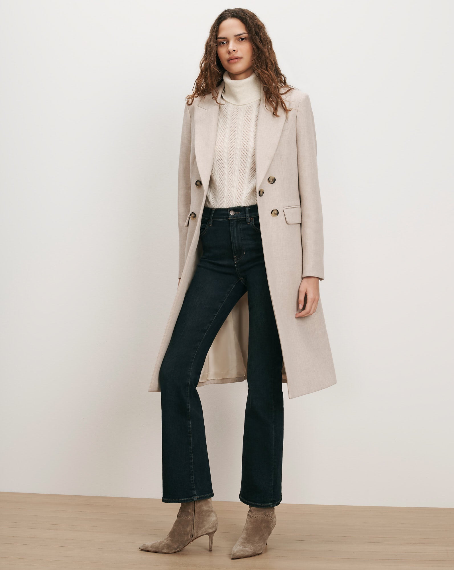 Veronica Beard Beige wool blend coat, cream sweater, dark wash jeans