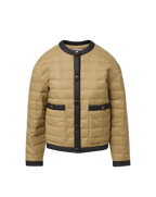 Veronica Beard Tan quilted puffer jacket with black trim and buttons.