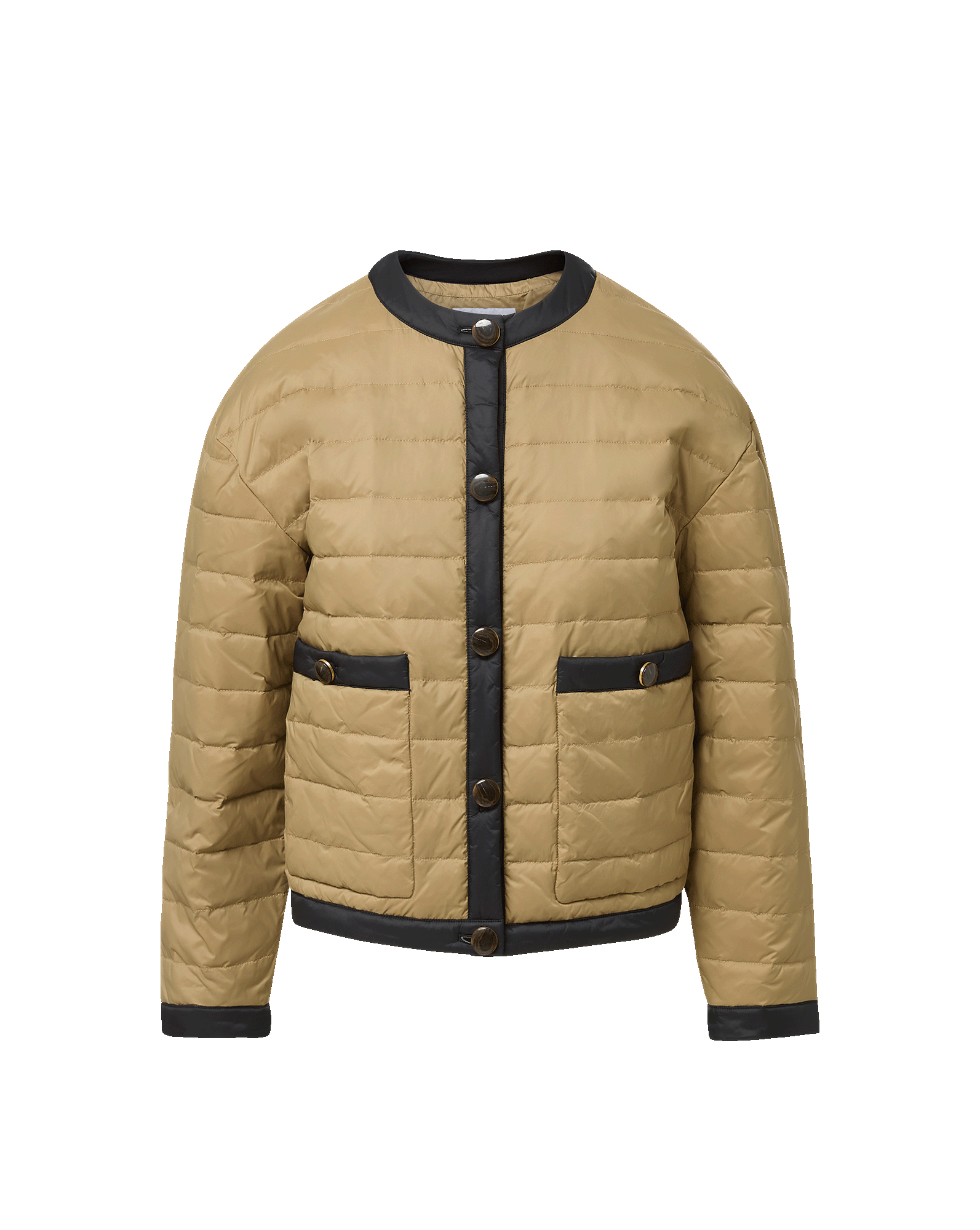 Veronica Beard Tan quilted puffer jacket with black trim and buttons.