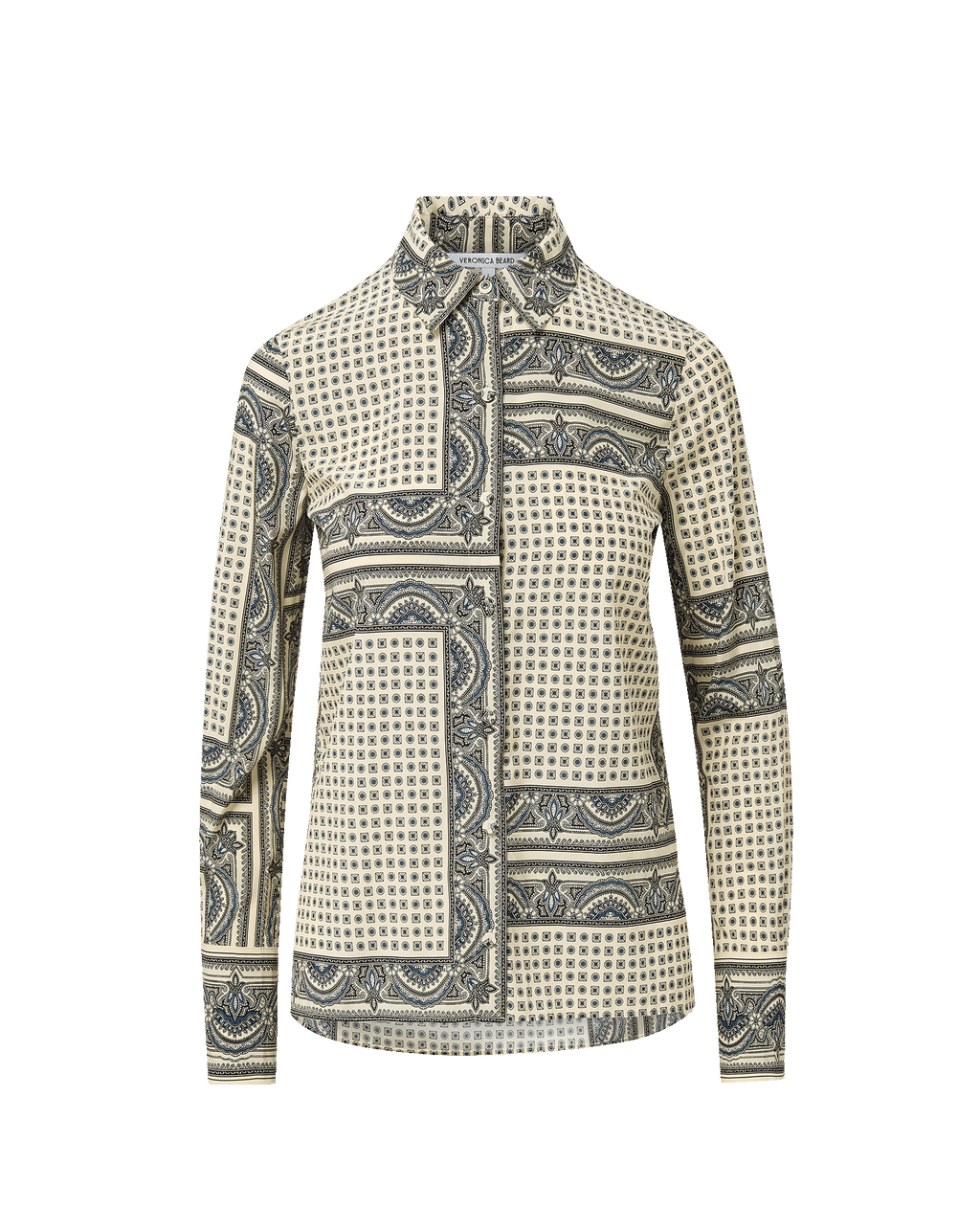 Veronica Beard Cream and blue patterned long-sleeve button-up shirt.