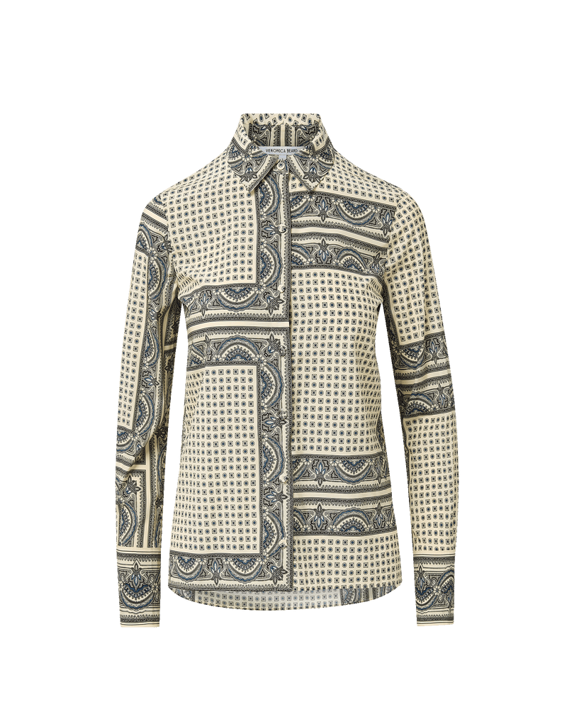 Veronica Beard Cream and blue patterned long-sleeve button-up shirt.