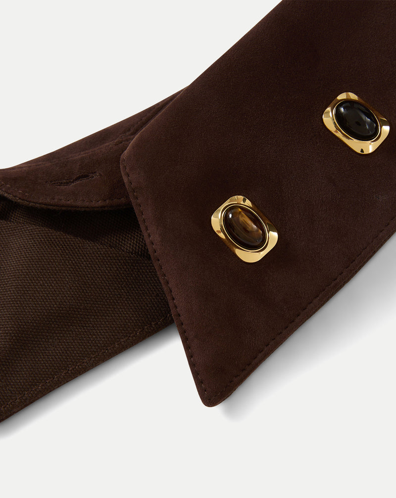 Veronica Beard Brown suede shirt cuff with gold and tiger's eye cufflinks.