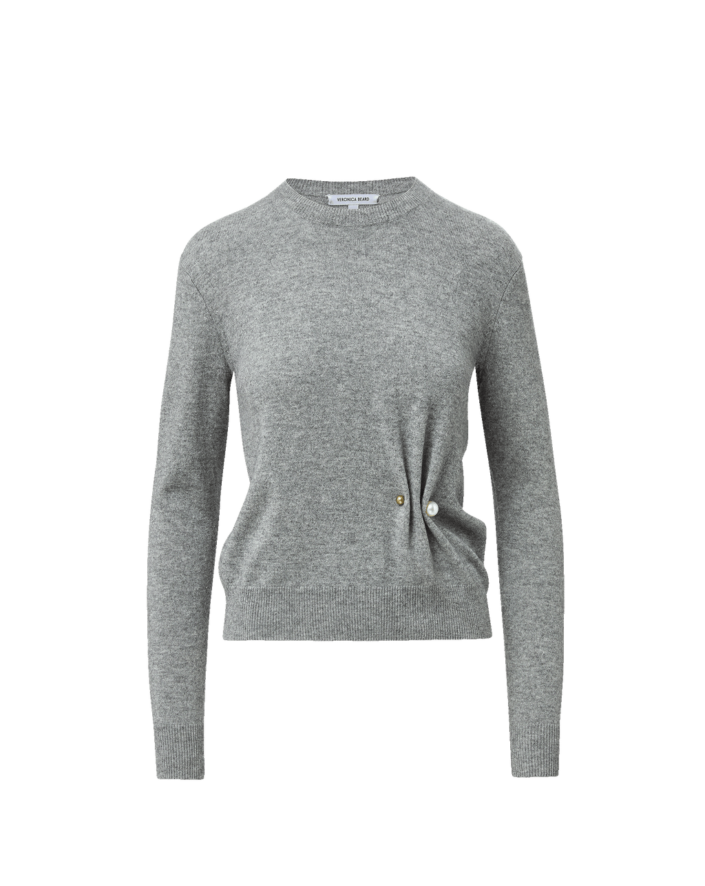 Veronica Beard Gray crewneck sweater with pearl button detail.