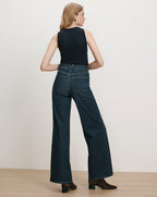 Veronica Beard Dark wash wide-leg jeans and black ribbed tank top.