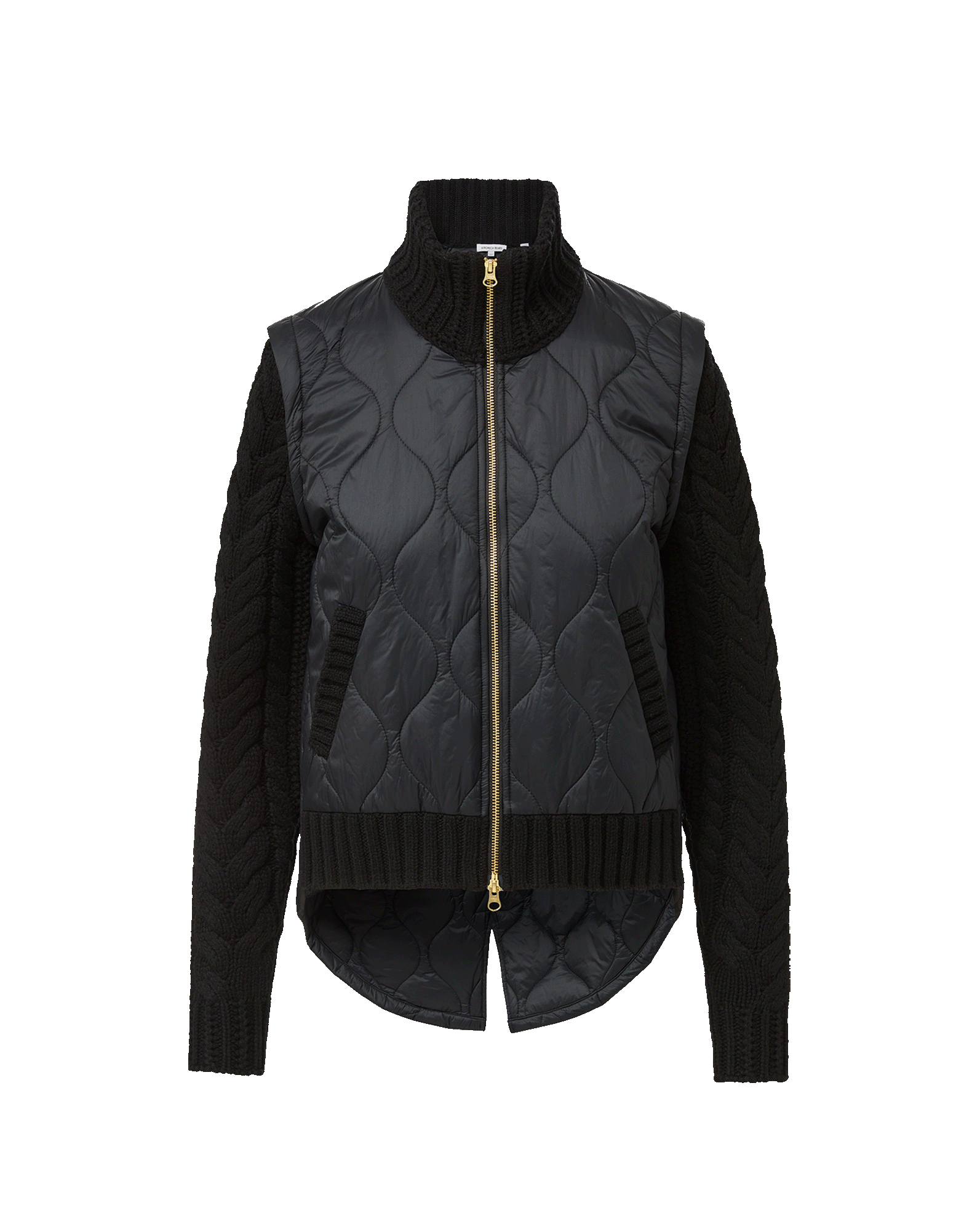 Veronica Beard Black quilted puffer vest with knit sleeves.