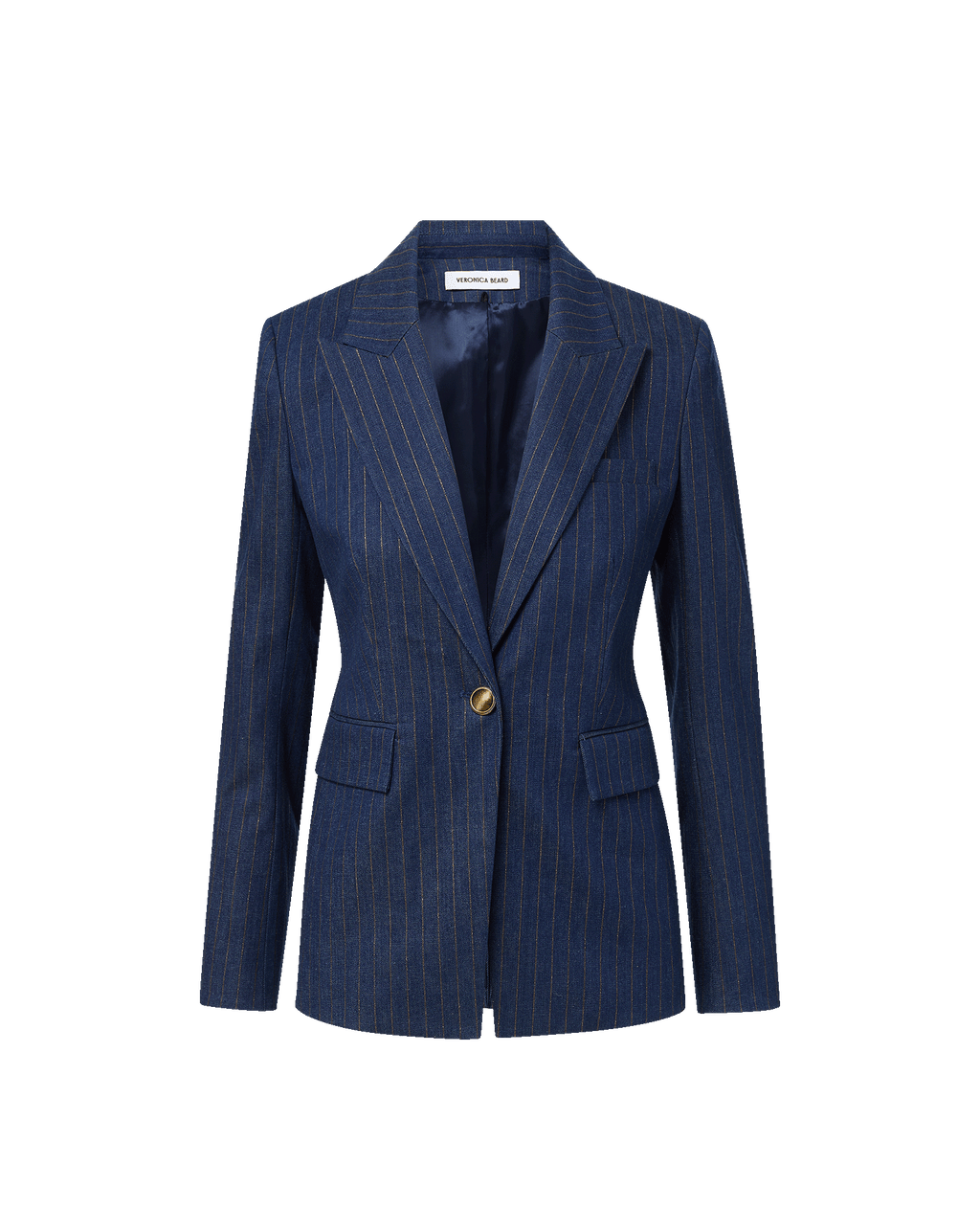 Veronica Beard Navy pinstripe blazer, single-breasted, gold button closure.