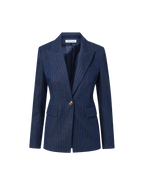Veronica Beard Navy pinstripe blazer, single-breasted, gold button closure.