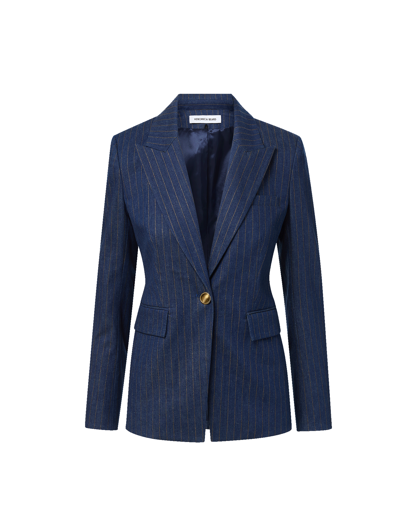 Veronica Beard Navy pinstripe blazer, single-breasted, gold button closure.