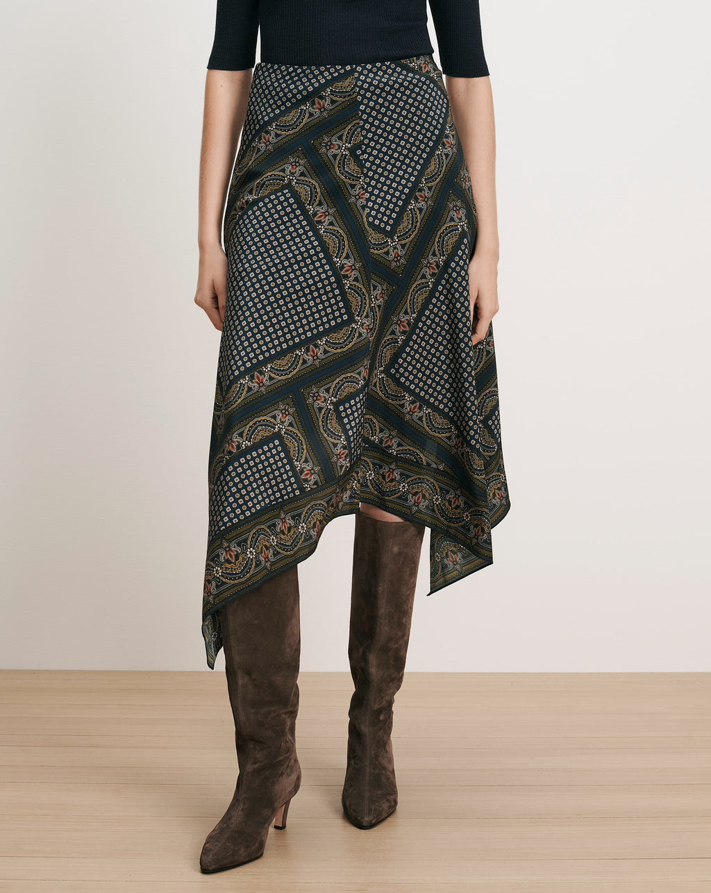 Veronica Beard Black patterned asymmetric midi skirt