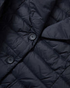 Veronica Beard Navy quilted puffer jacket with black buttons.