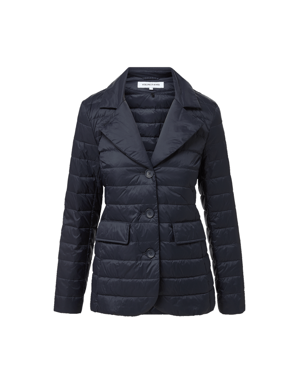 Veronica Beard Navy quilted blazer with notched lapels and two buttons.