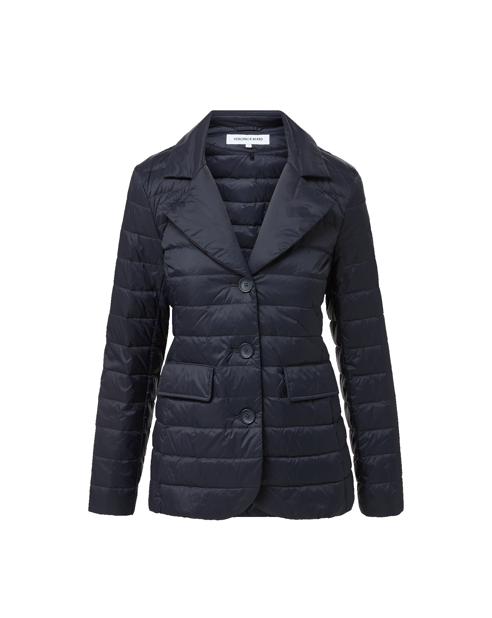 Veronica Beard Navy quilted blazer with notched lapels and two buttons.