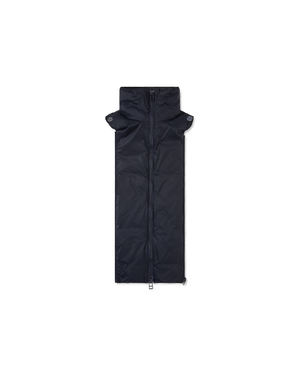 Veronica Beard Navy quilted nylon scarf with high collar and zipper.