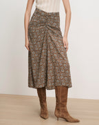 Veronica Beard Brown floral midi skirt with ruched front.