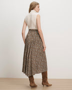 Veronica Beard Brown floral midi skirt and cream cable knit sleeveless turtleneck.