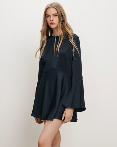 Veronica Beard Navy satin mini dress, bell sleeves, keyhole neckline.
