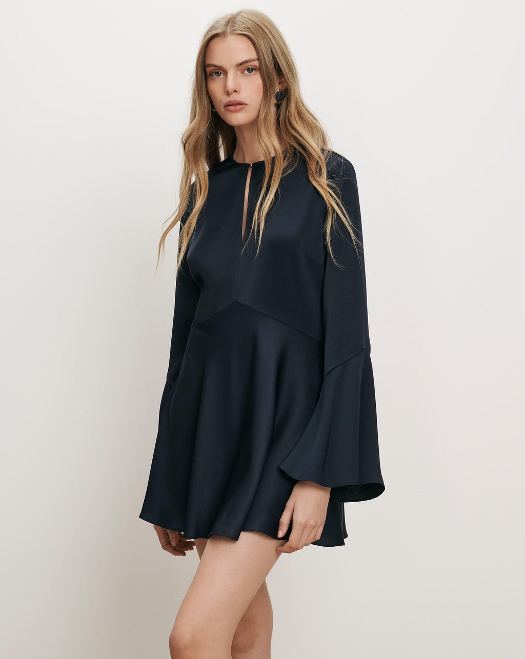Veronica Beard Navy satin mini dress, bell sleeves, keyhole neckline.