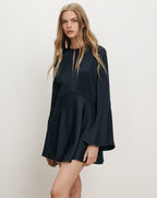 Veronica Beard Navy satin mini dress, bell sleeves, keyhole neckline.