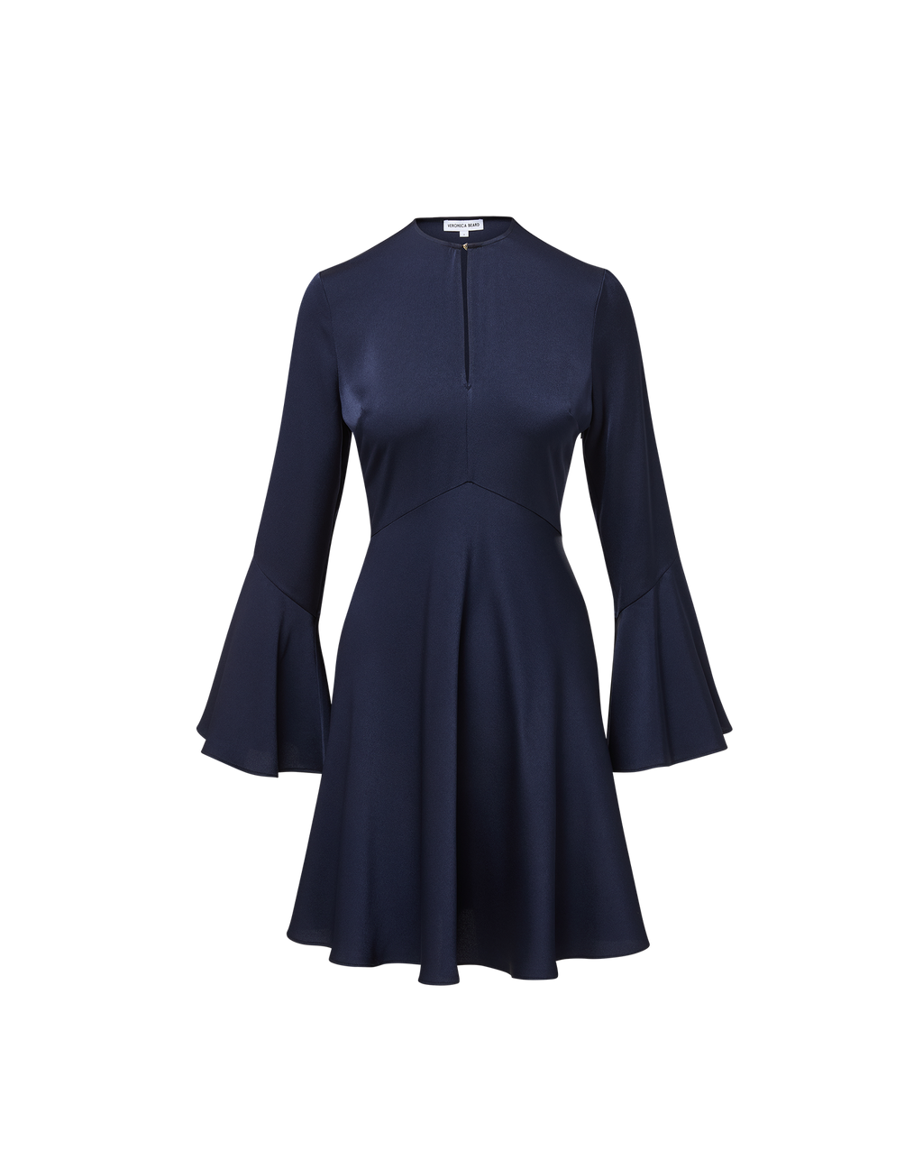 Veronica Beard Navy bell-sleeve mini dress with high neck.