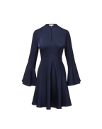Veronica Beard Navy bell-sleeve mini dress with high neck.