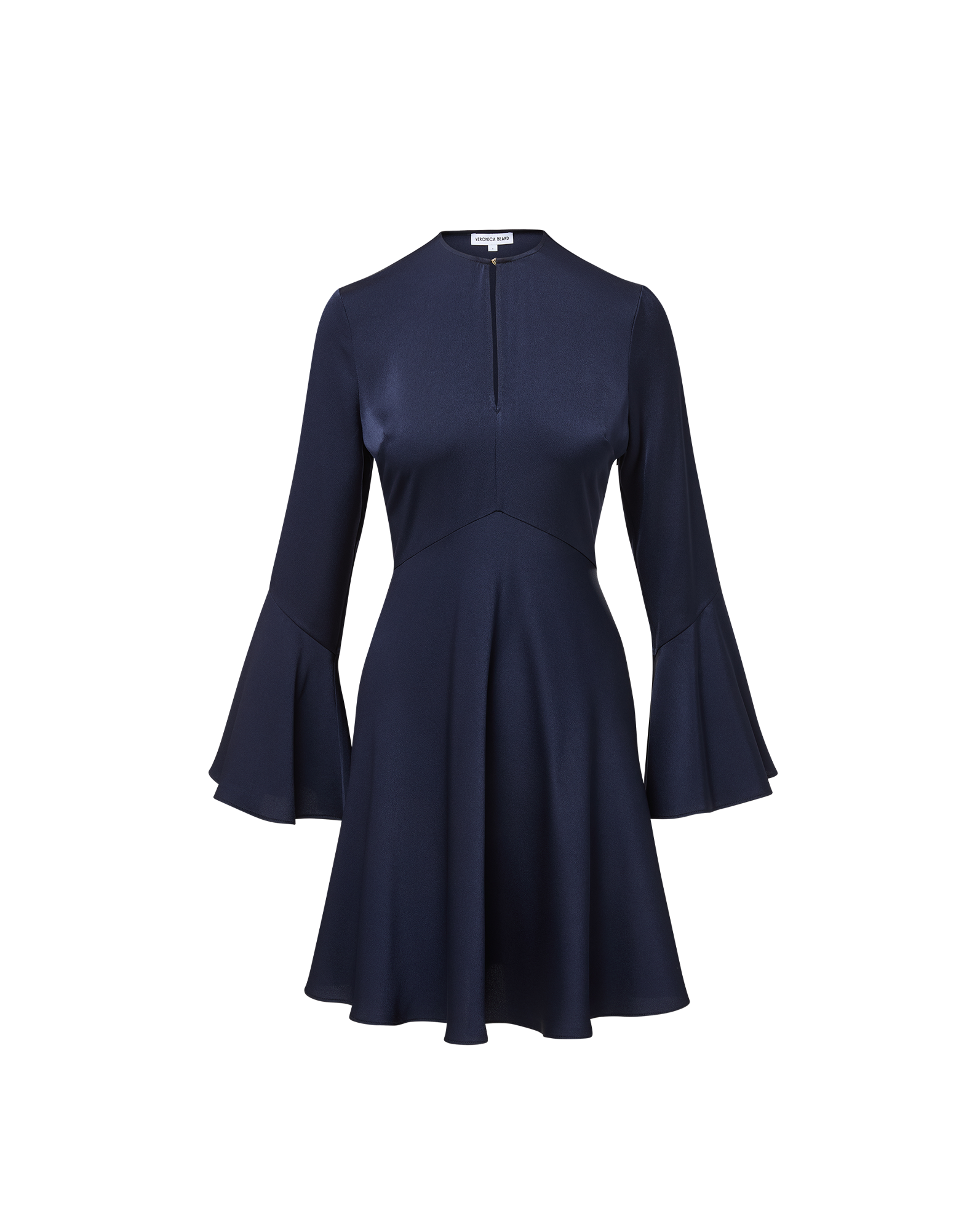 Veronica Beard Navy bell-sleeve mini dress with high neck.
