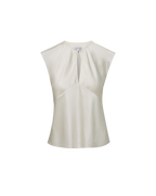 Veronica Beard Cream satin sleeveless top with keyhole neckline.