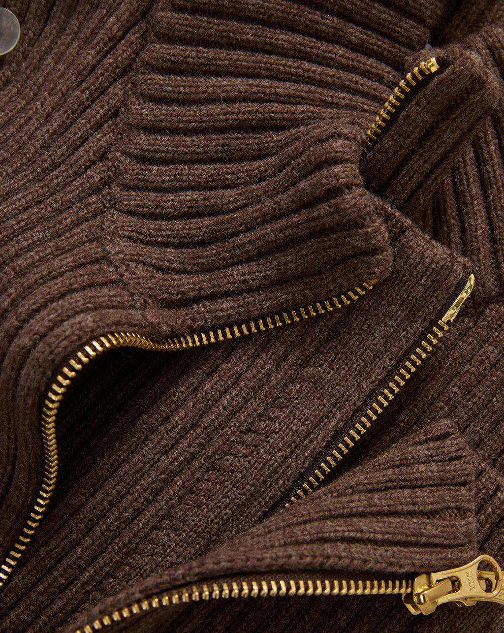 Veronica Beard Brown ribbed knit sweater with gold zipper.