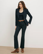 Veronica Beard Dark wash denim blazer, black top, dark wash flare jeans