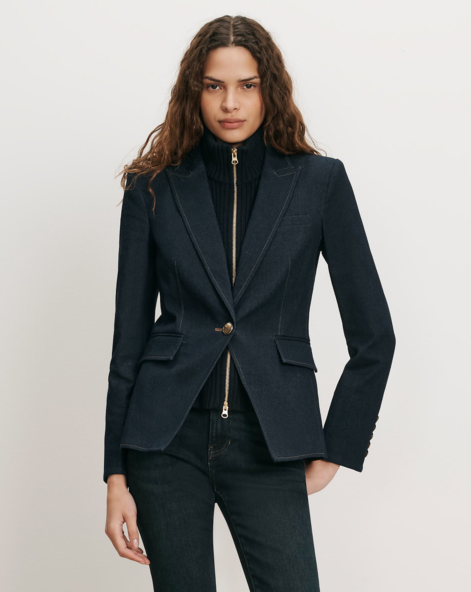 Veronica Beard Navy denim blazer, single-button closure, flap pockets.
