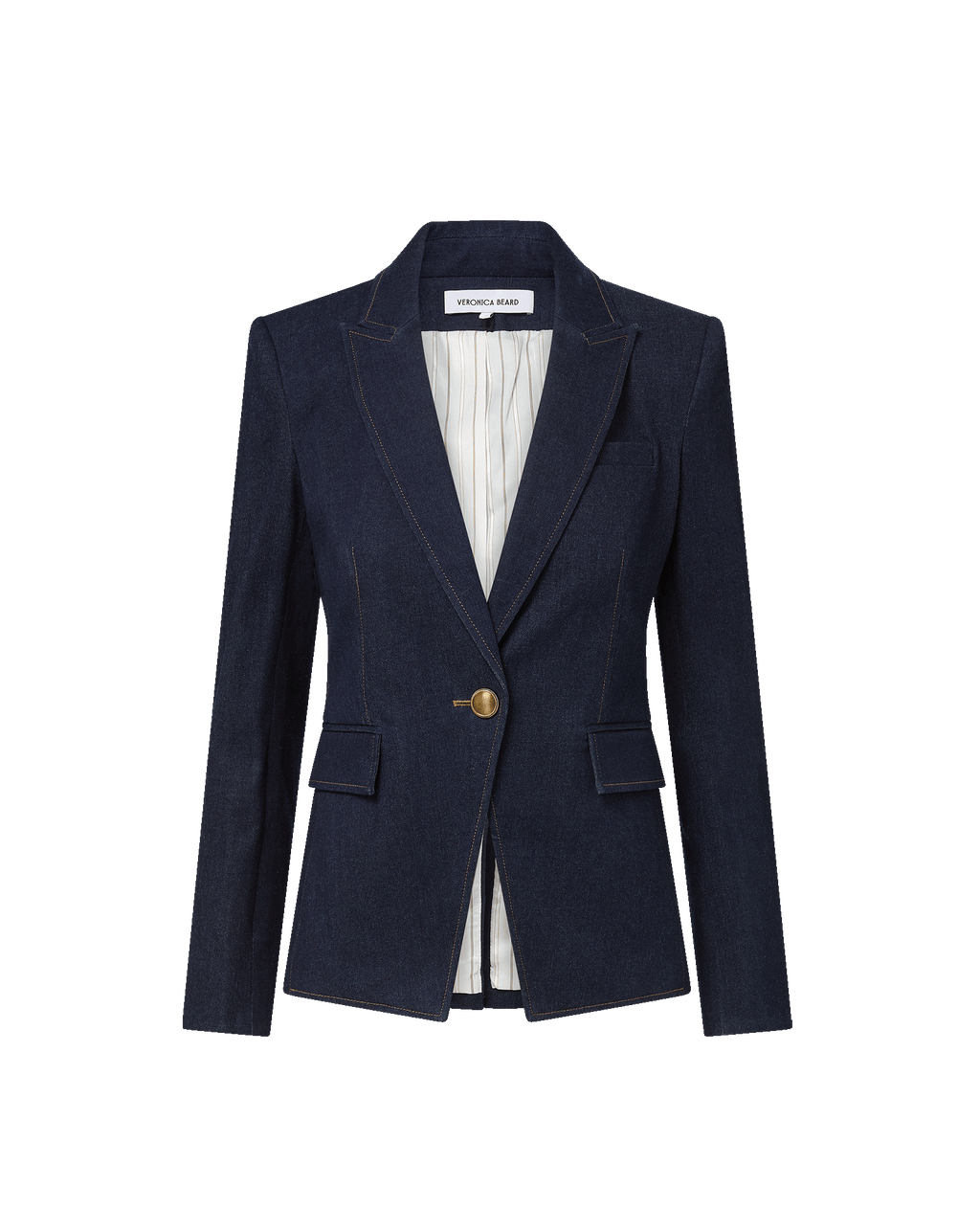 Veronica Beard Navy denim blazer with single gold button closure.