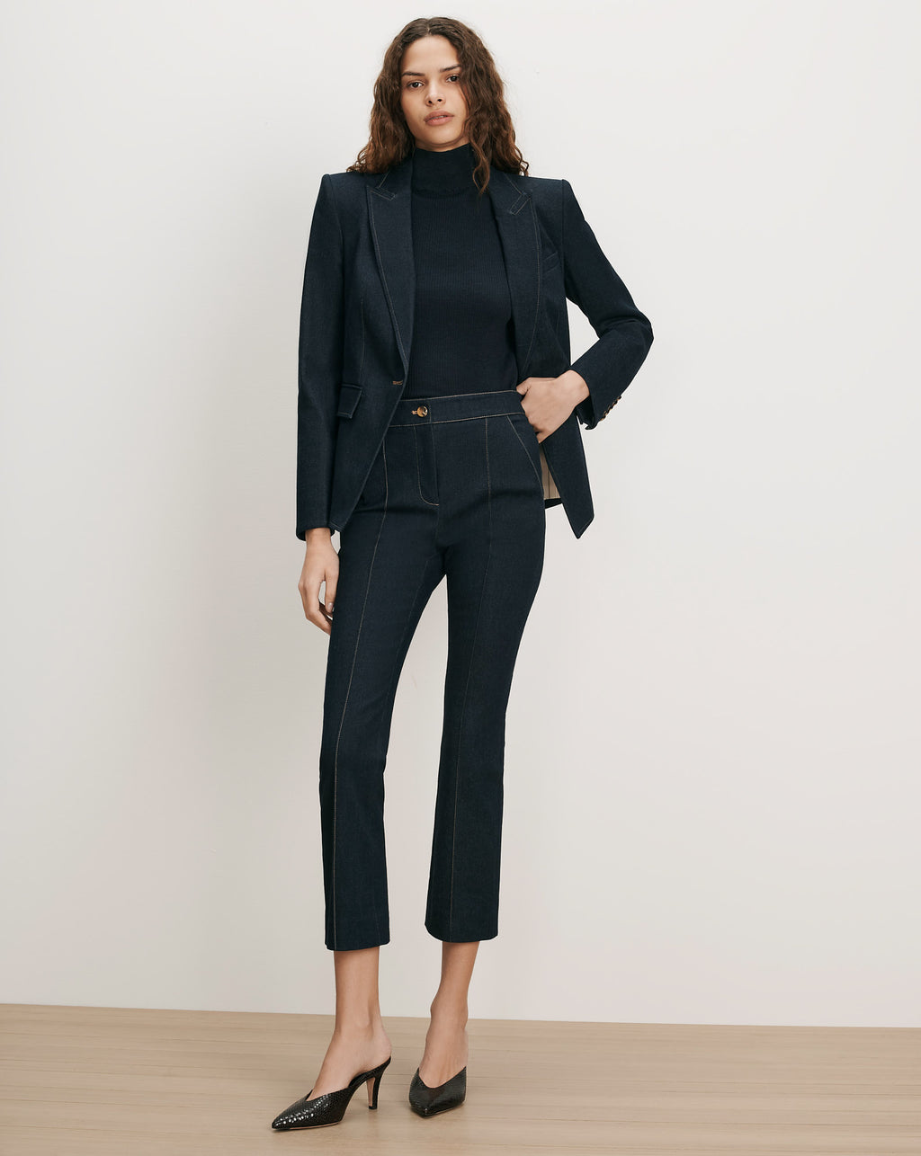 Veronica Beard Navy denim suit with contrast stitching.