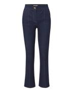 Veronica Beard Dark blue denim cropped flare pants with front seams.
