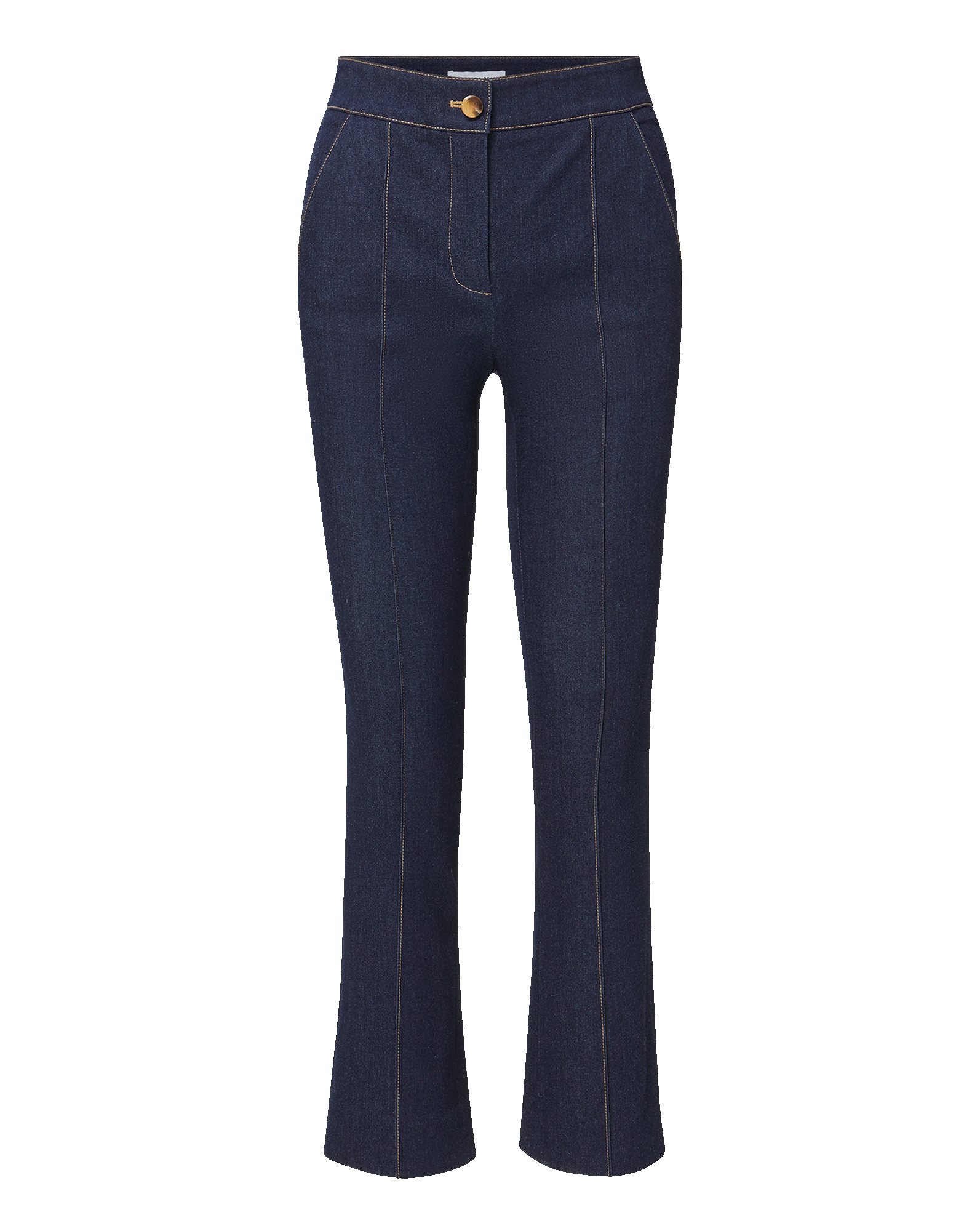 Veronica Beard Dark blue denim cropped flare pants with front seams.