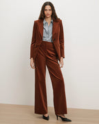Veronica Beard Brown corduroy suit with striped shirt.