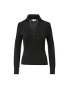 Veronica Beard Black ribbed knit polo sweater with brown buttons.