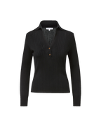 Veronica Beard Black ribbed knit polo sweater with brown buttons.
