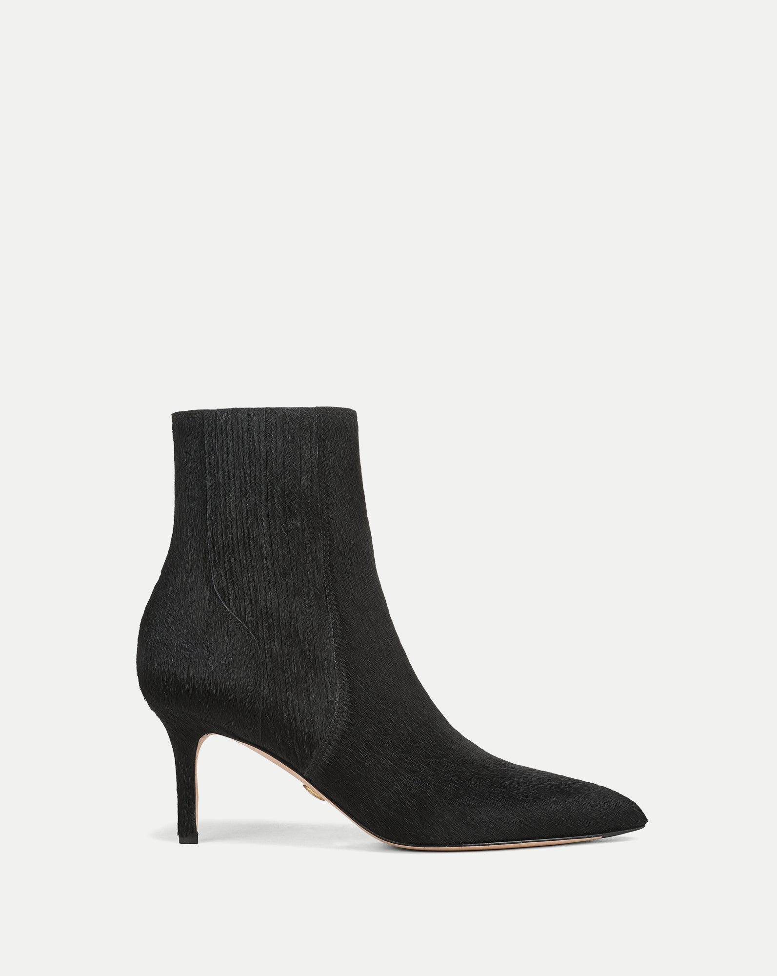Veronica Beard Black calf hair ankle boot with kitten heel.