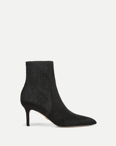 Veronica Beard Black calf hair ankle boot with kitten heel.