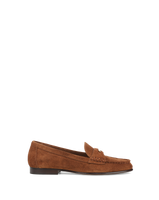 Veronica Beard Brown suede penny loafer with gold buckle.