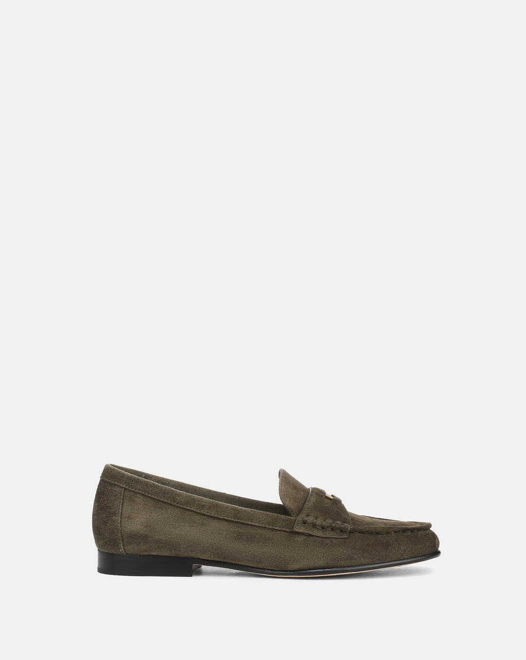 Veronica Beard Olive green suede loafer with gold buckle.