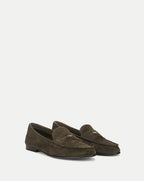 Veronica Beard Olive green suede loafers with gold-tone hardware.
