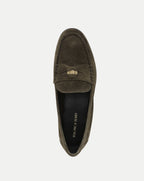 Veronica Beard Olive suede loafer with gold hardware.