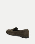 Veronica Beard Olive green suede loafer with a low heel.