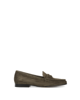 Veronica Beard Olive green suede loafer with gold buckle.
