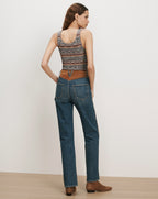 Veronica Beard Striped knit tank top, blue jeans, brown belt.