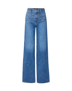 Veronica Beard Blue denim wide-leg jeans with embroidered front pockets.