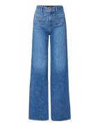 Veronica Beard Blue denim wide-leg jeans with embroidered front pockets.