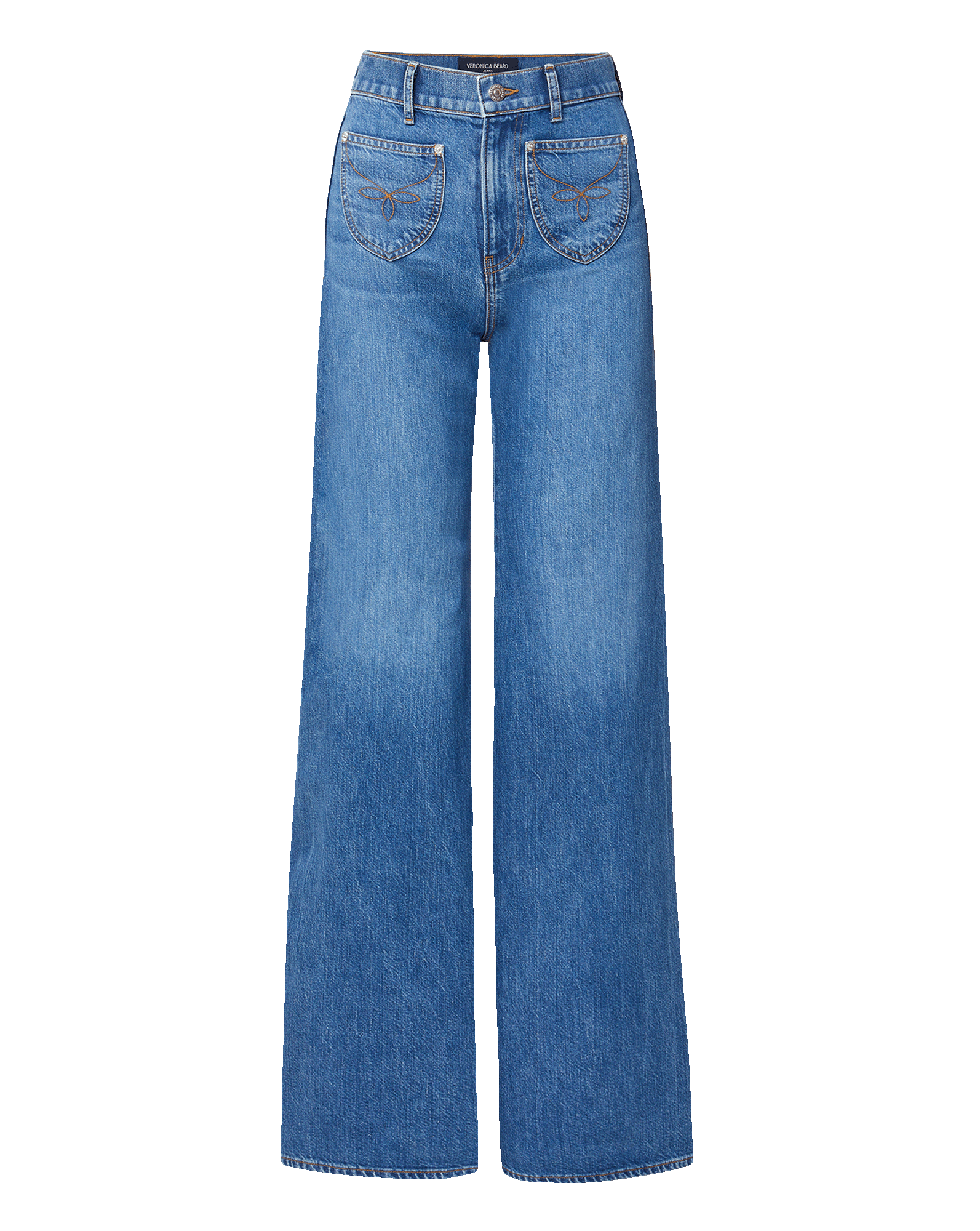 Veronica Beard Blue denim wide-leg jeans with embroidered front pockets.