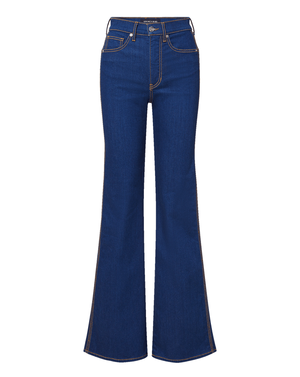 Veronica Beard Blue denim flared jeans with tan stitching.