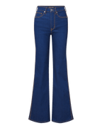 Veronica Beard Blue denim flared jeans with tan stitching.
